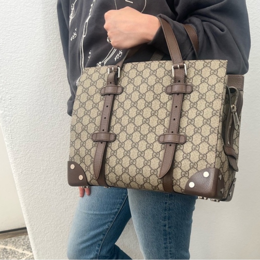 Gucci Buckle Travel Tote GG Coated Canvas with Leather Medium